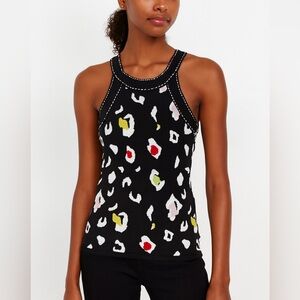 Caché Vintage Black Leopard Print Knit Tank Top Contrast Stitching Size M